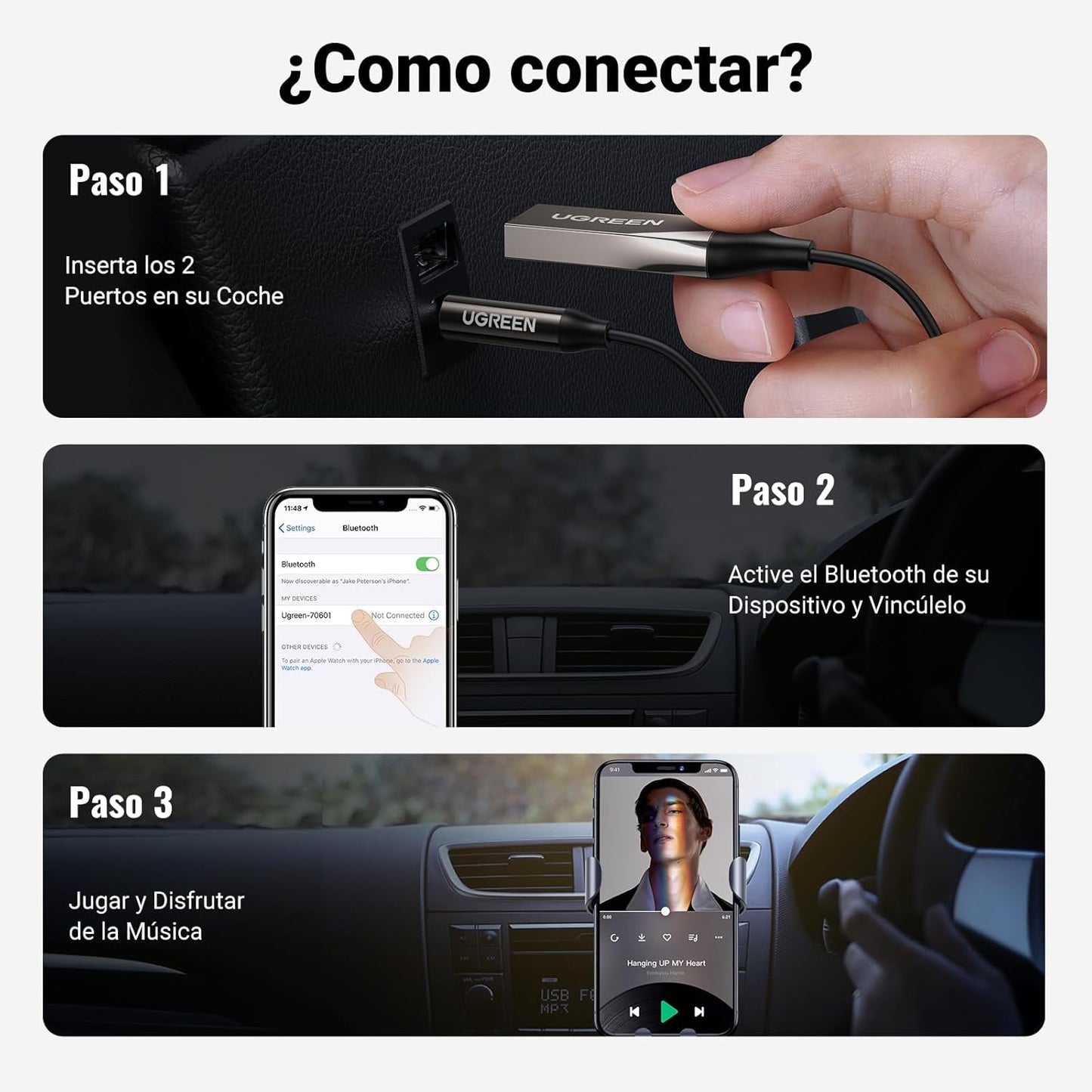 UGREEN Receptor Bluetooth 5.4 Adaptador Jack 3.5Mm Aux Auxiliar Conector Audio Coche Manos Libres, Gris Oscuro