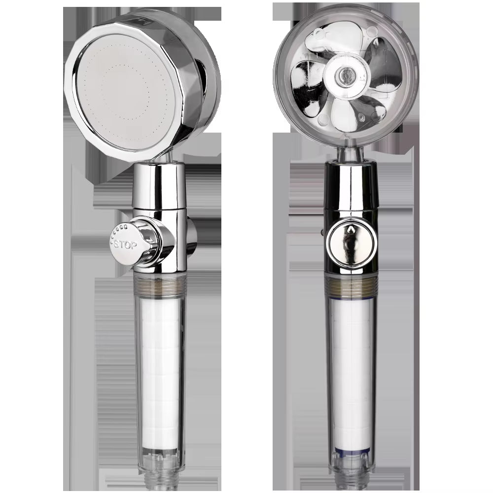 New 2021 Dropshipping Propeller Driven Shower Head with Stop Button Shower Head with Fan High Pressure Handheld Shower Nozzle
