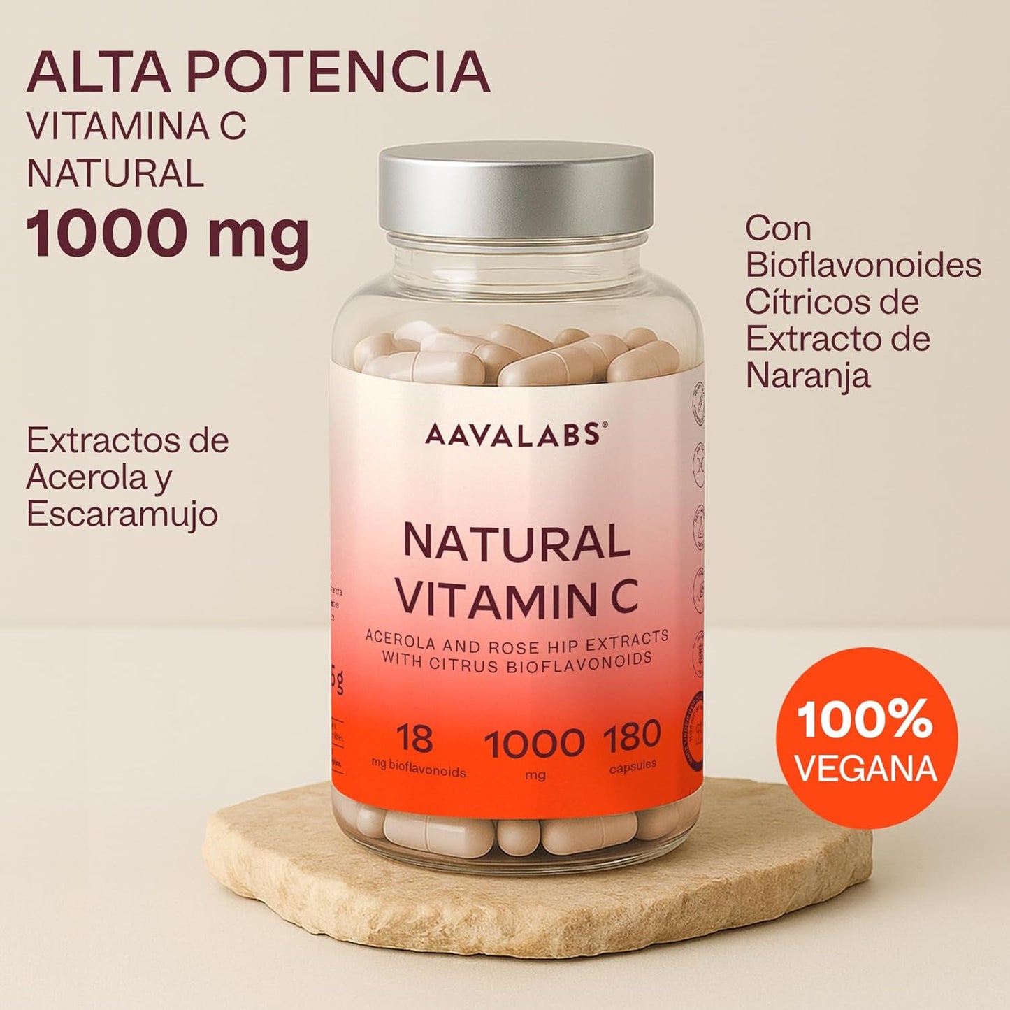 Vitamina C 1000 Mg - Vitamina C Natural - Con Flavonoides De Fruta Cítrica Y Acerola - Por Dosis Diaria (2 Cápsulas) - 180 Cápsulas De Vitamina C Pura Altamente Concentrada- Vegano Y Sin Gluten