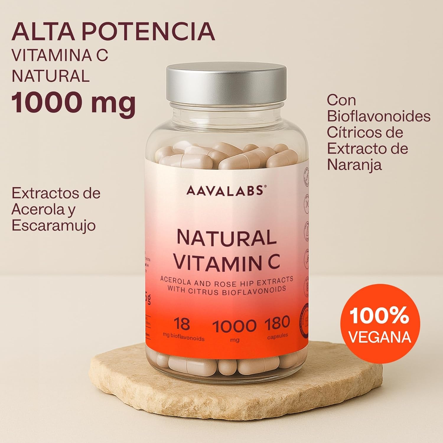Vitamina C 1000 Mg - Vitamina C Natural - Con Flavonoides De Fruta Cítrica Y Acerola - Por Dosis Diaria (2 Cápsulas) - 180 Cápsulas De Vitamina C Pura Altamente Concentrada- Vegano Y Sin Gluten
