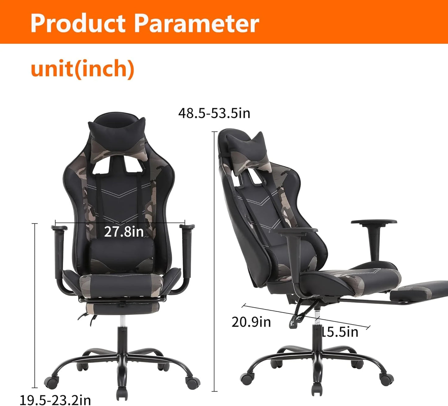 Camo Gaming Office Chair - Ergonomic PU Leather W/Lumbar Support & Footrest，Rolling Swivel