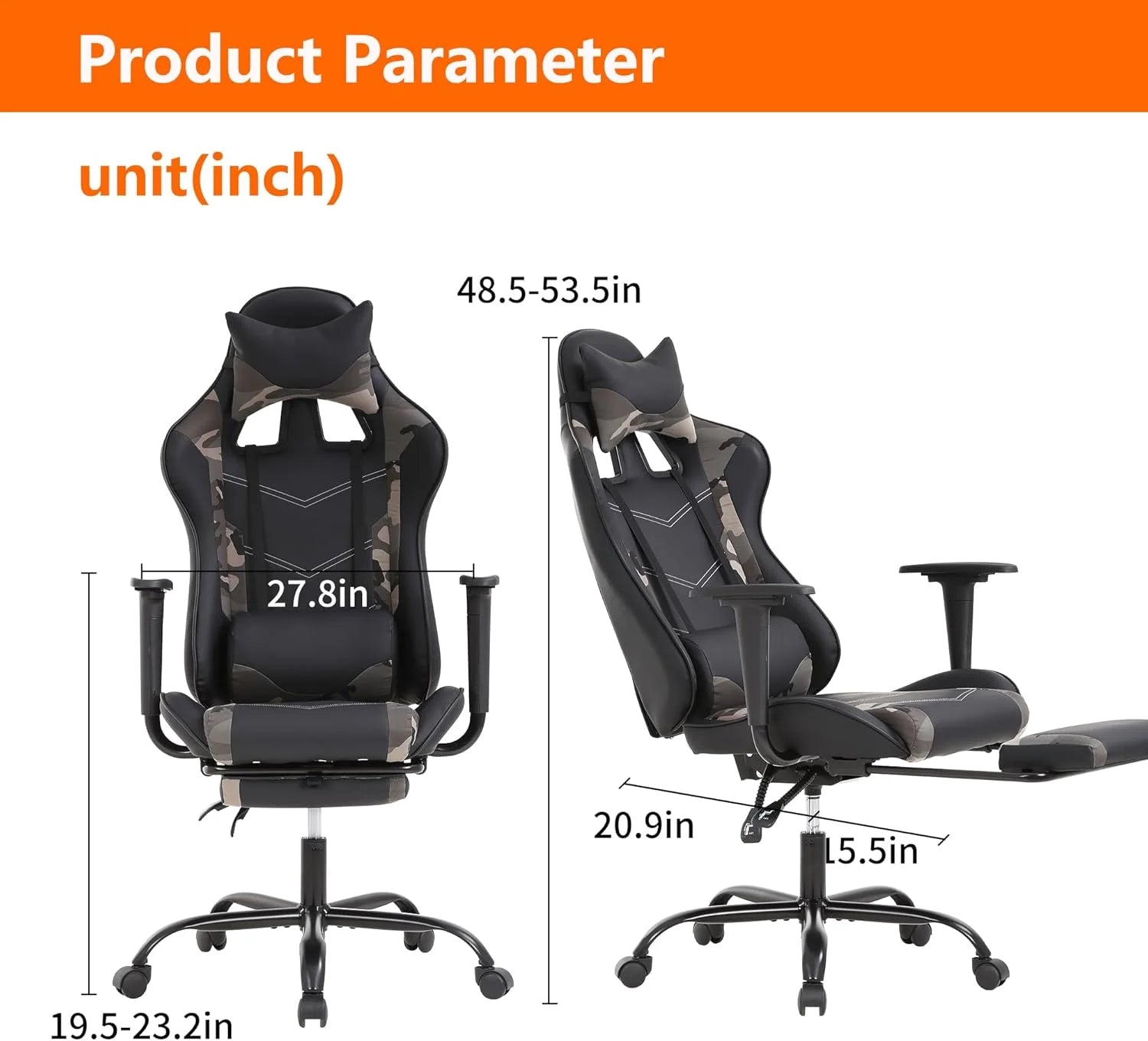 Camo Gaming Office Chair - Ergonomic PU Leather W/Lumbar Support & Footrest，Rolling Swivel