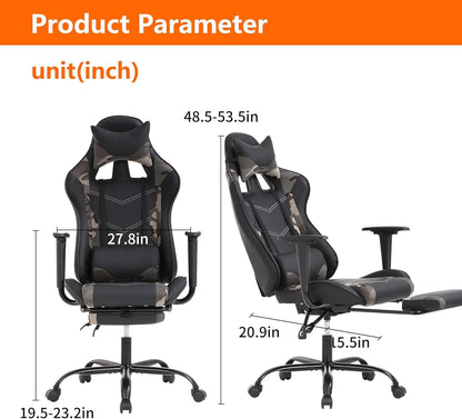 Camo Gaming Office Chair - Ergonomic PU Leather W/Lumbar Support & Footrest，Rolling Swivel