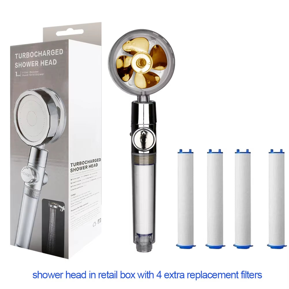 New 2021 Dropshipping Propeller Driven Shower Head with Stop Button Shower Head with Fan High Pressure Handheld Shower Nozzle