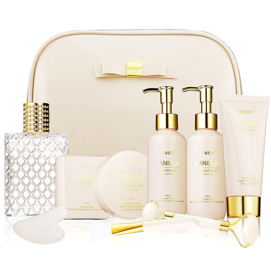 Gifts for Women, Vanilla Spa Gift Basket for Women - Self Care Kit Bath Set with Shower Gel, Bubble Bath, Perfume, Gua Sha, Jade Roller - Birthday Gift Set, Mom, Mother'S Day