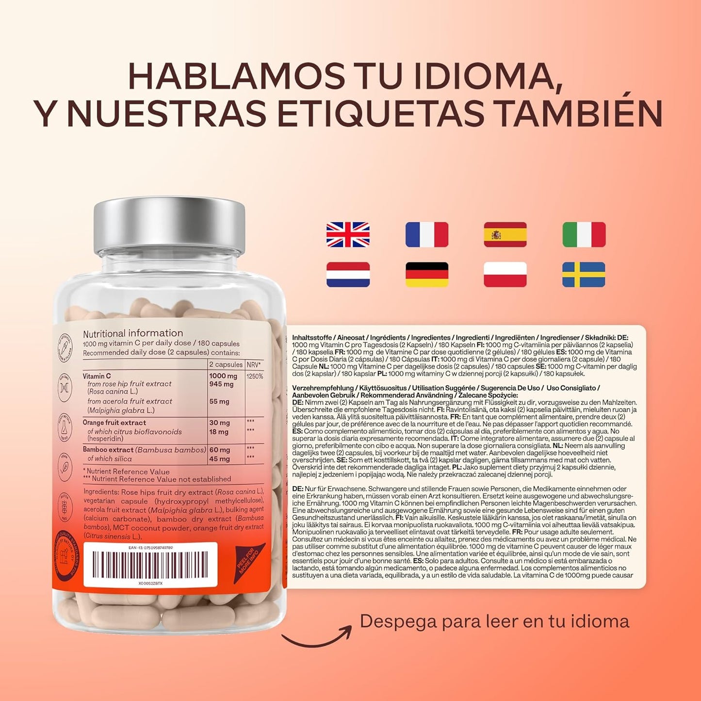 Vitamina C 1000 Mg - Vitamina C Natural - Con Flavonoides De Fruta Cítrica Y Acerola - Por Dosis Diaria (2 Cápsulas) - 180 Cápsulas De Vitamina C Pura Altamente Concentrada- Vegano Y Sin Gluten