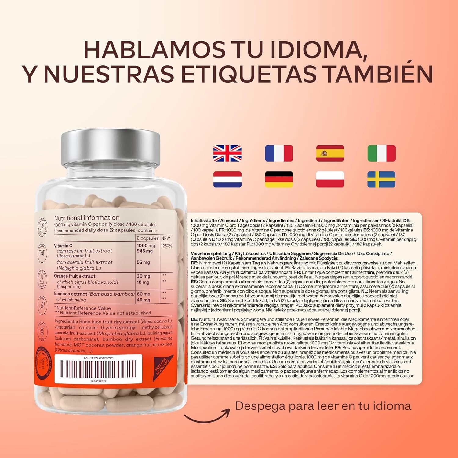 Vitamina C 1000 Mg - Vitamina C Natural - Con Flavonoides De Fruta Cítrica Y Acerola - Por Dosis Diaria (2 Cápsulas) - 180 Cápsulas De Vitamina C Pura Altamente Concentrada- Vegano Y Sin Gluten