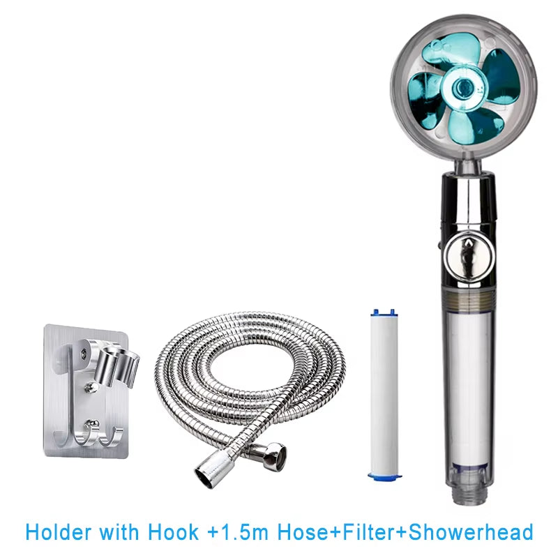 New 2021 Dropshipping Propeller Driven Shower Head with Stop Button Shower Head with Fan High Pressure Handheld Shower Nozzle