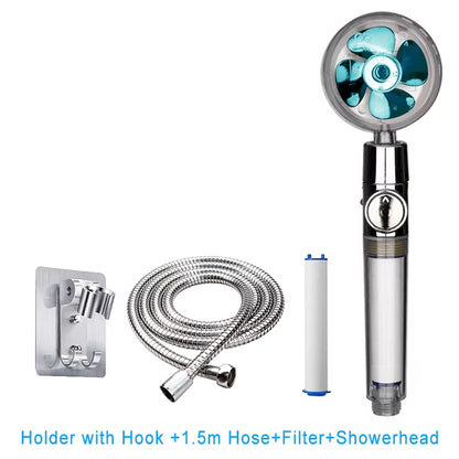 New 2021 Dropshipping Propeller Driven Shower Head with Stop Button Shower Head with Fan High Pressure Handheld Shower Nozzle
