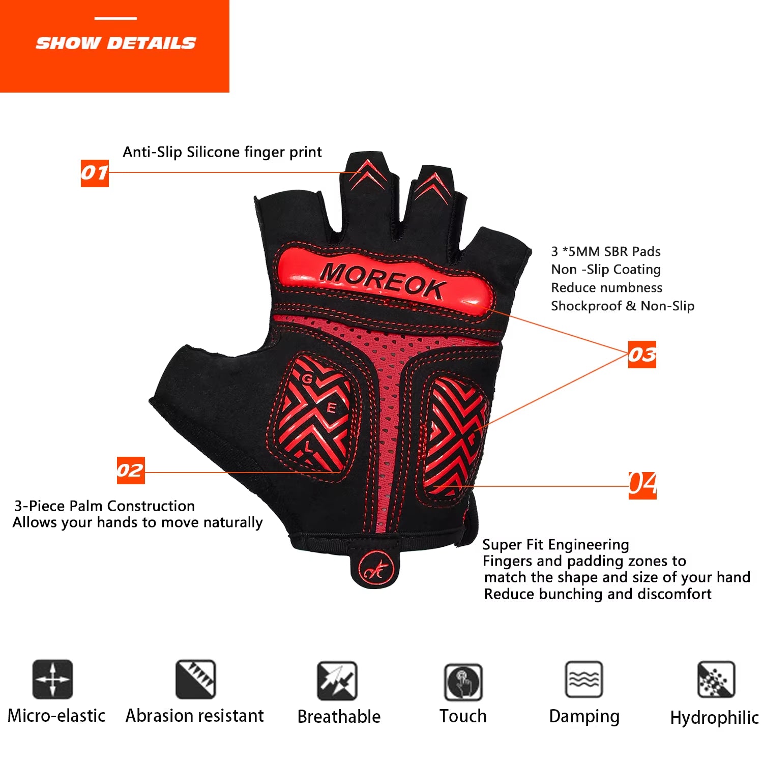 MOREOK Cycling Gloves Half Finger Bike Gloves 5MM Pads Bicycle Gloves Shock-Absorbing Mountain Bike Gloves Anti-Slip MTB Gloves