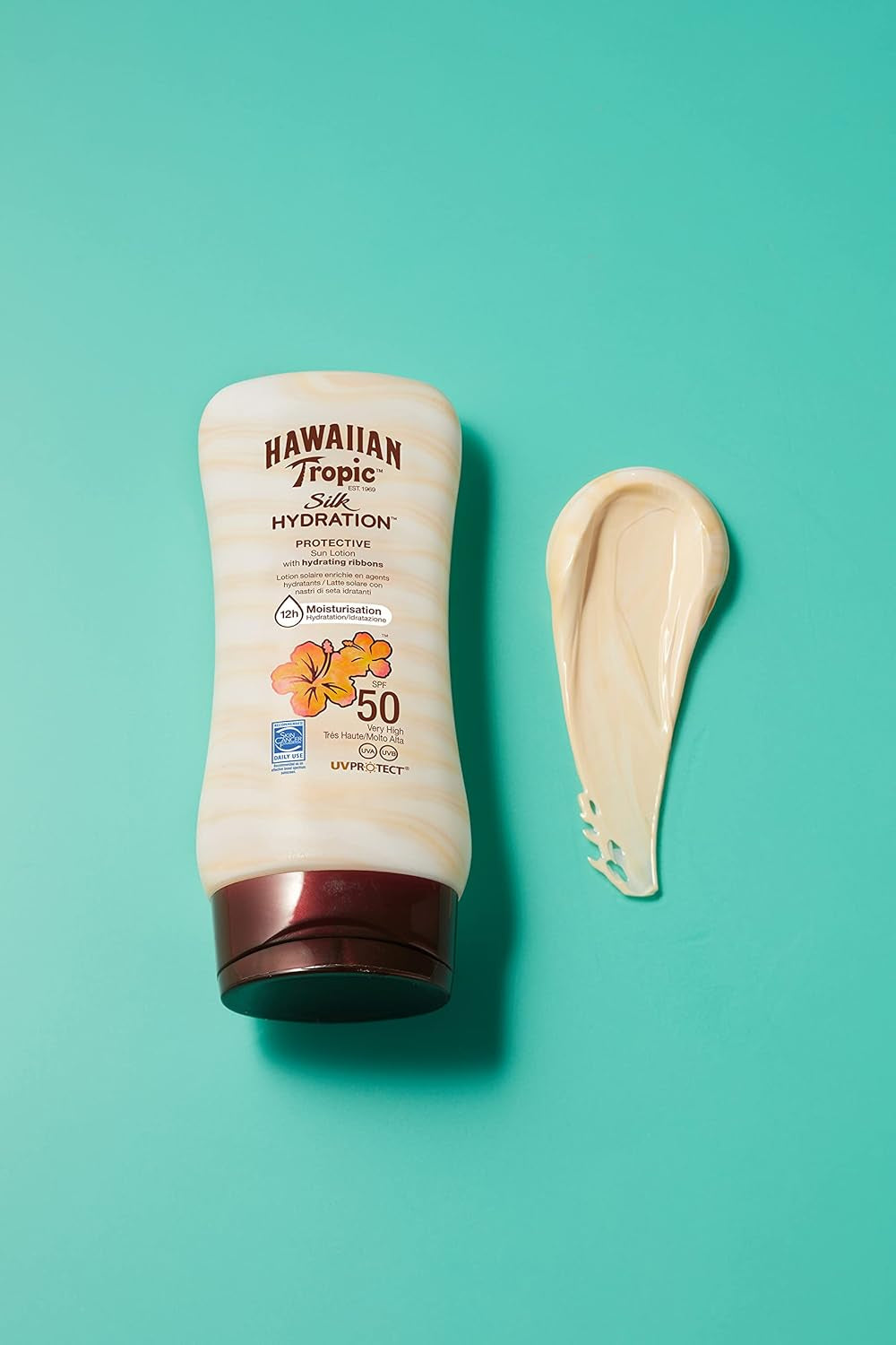 HAWAIIAN Tropic Hydrating Protection SPF 50 - Loción Solar Protectora Con Cintas De Seda Hidratantes, Resistente Al Agua Hasta 12 Horas, Crema
