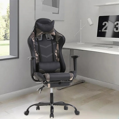 Camo Gaming Office Chair - Ergonomic PU Leather W/Lumbar Support & Footrest，Rolling Swivel