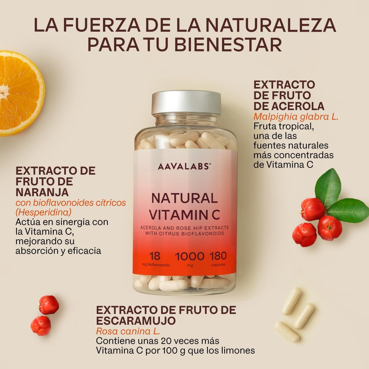 Vitamina C 1000 Mg - Vitamina C Natural - Con Flavonoides De Fruta Cítrica Y Acerola - Por Dosis Diaria (2 Cápsulas) - 180 Cápsulas De Vitamina C Pura Altamente Concentrada- Vegano Y Sin Gluten