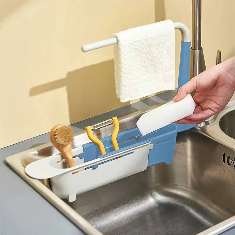 1Pc Multifunctional Telescopic Sink Storage Rack Upgraded Adjustable Sink Sponge Holder Expandable 2-In-1 for Home Kitchen