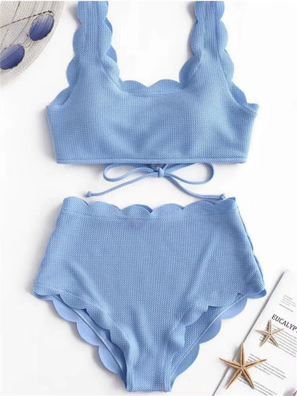 Solid Blue Two Pieces Swimsuit Bathing Suits Bikini Women Scalloped Textured High Waisted Bikini Set Lace up Bathing Suits XXL
