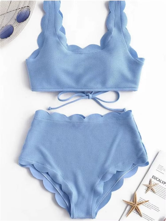 Solid Blue Two Pieces Swimsuit Bathing Suits Bikini Women Scalloped Textured High Waisted Bikini Set Lace up Bathing Suits XXL