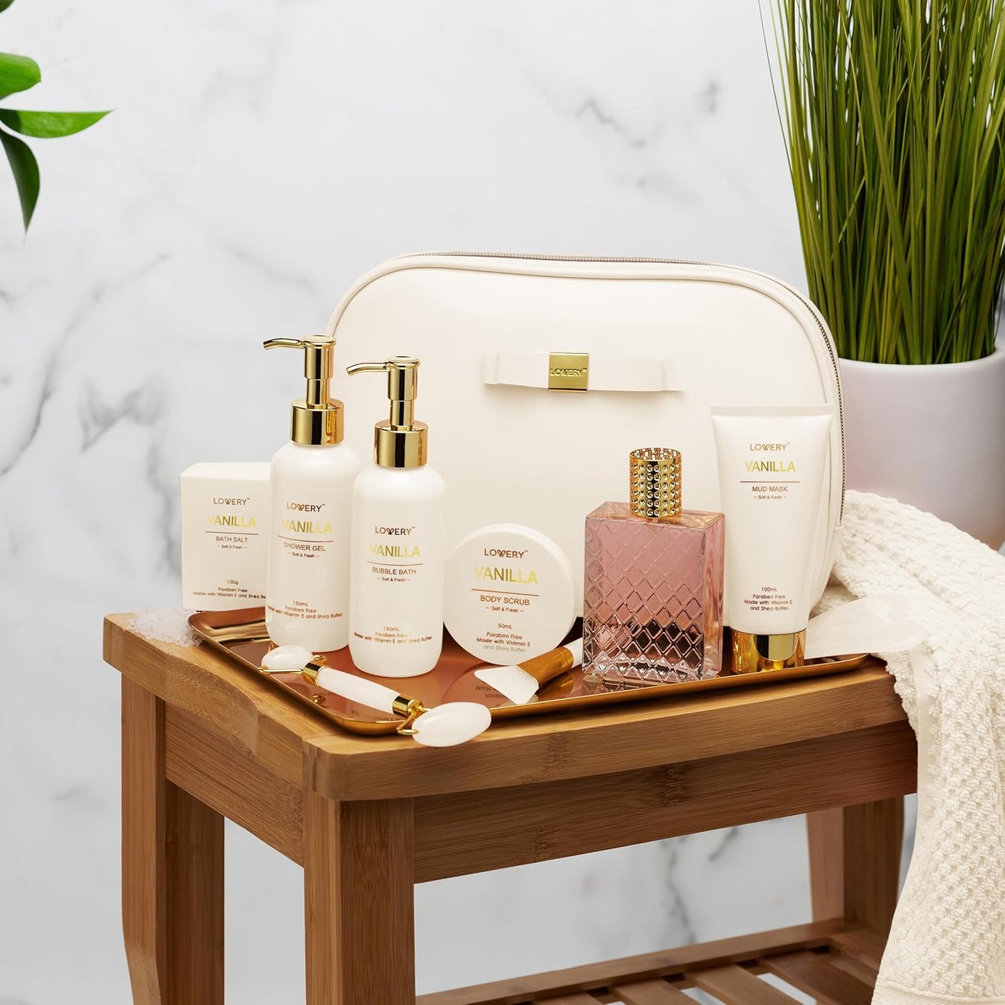 Gifts for Women, Vanilla Spa Gift Basket for Women - Self Care Kit Bath Set with Shower Gel, Bubble Bath, Perfume, Gua Sha, Jade Roller - Birthday Gift Set, Mom, Mother'S Day