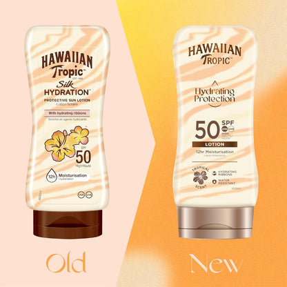 HAWAIIAN Tropic Hydrating Protection SPF 50 - Loción Solar Protectora Con Cintas De Seda Hidratantes, Resistente Al Agua Hasta 12 Horas, Crema