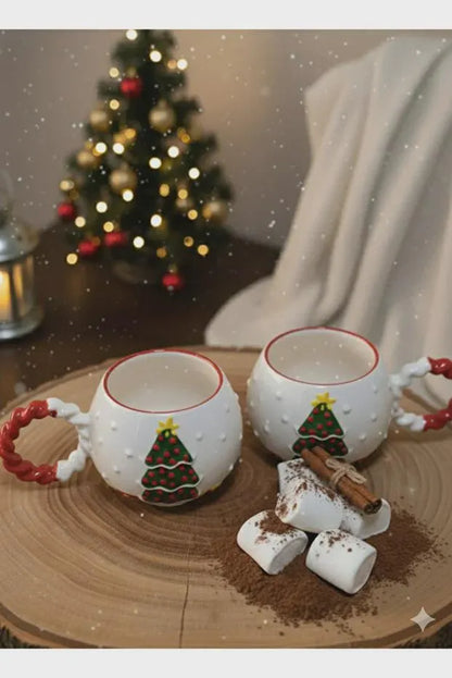 Handmade Christmas Tree Ceramic Mugs Set – Embossed Knit Texture