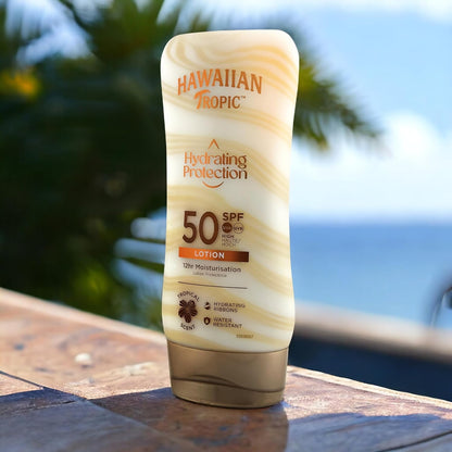 HAWAIIAN Tropic Hydrating Protection SPF 50 - Loción Solar Protectora Con Cintas De Seda Hidratantes, Resistente Al Agua Hasta 12 Horas, Crema