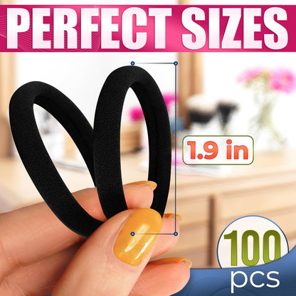 100 Pcs Soft Black Hair Ties Bulk – 1.9" Seamless Cotton Ponytail Holders, Small Black Elastic Hair Ties No Damage, Breathable & Gentle to Wear – Elasticity & Strength, Reliable & Strong Hold