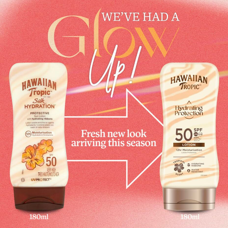 HAWAIIAN Tropic Hydrating Protection SPF 50 - Loción Solar Protectora Con Cintas De Seda Hidratantes, Resistente Al Agua Hasta 12 Horas, Crema