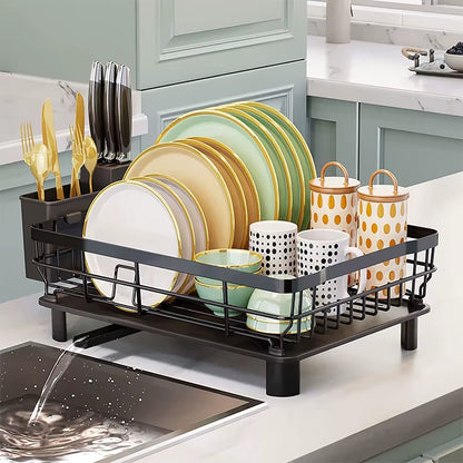 Dish Drying Rack with Drainboard Dish Storage Racks with Removable Utensil Holder and Knife Slots Dish for Kitchen Sink Drainer