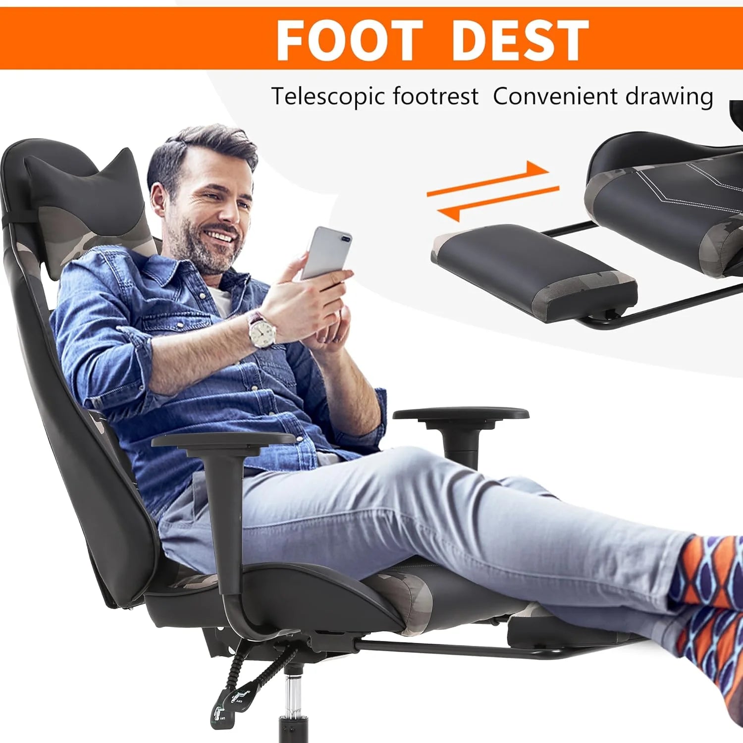 Camo Gaming Office Chair - Ergonomic PU Leather W/Lumbar Support & Footrest，Rolling Swivel