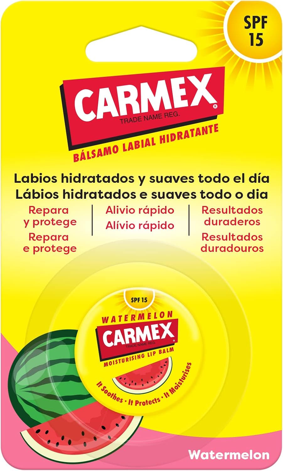 Carmex Bálsamo Labial SPF15, Tarro Sandía, 7,5G. Hidrata, Protege, Repara, Calma Y Suaviza Los Labios.