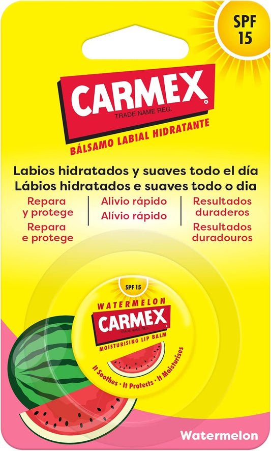 Carmex Bálsamo Labial SPF15, Tarro Sandía, 7,5G. Hidrata, Protege, Repara, Calma Y Suaviza Los Labios.